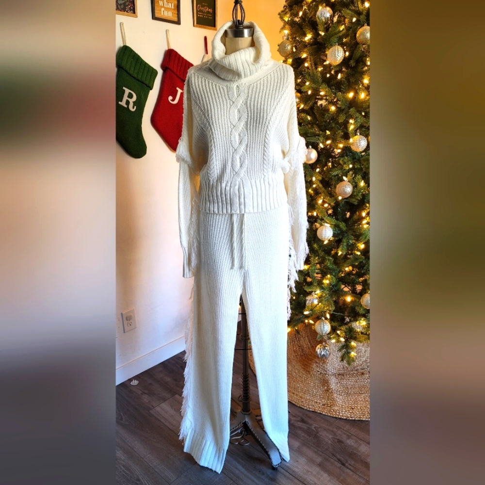 Cozy Sweater Knit Winter White Pant Set